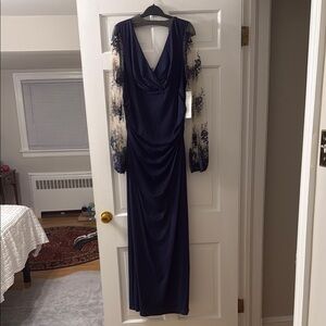 Kay Unger Blue Ruched Cowl Neck Gown